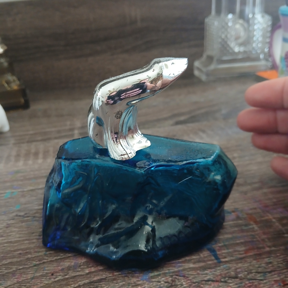 Silver Polar Bear on Blue Ice Sculpture